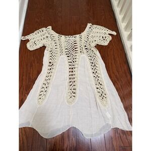 Surfstyle Resort Cream Crochet Panel Boho Tunic Top Gauze Handkerchief Hem Small